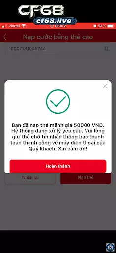 Sau khi nạp, anh em sẽ được nhận ngay thông báo Quét mã QR thẻ cào viettel thành công