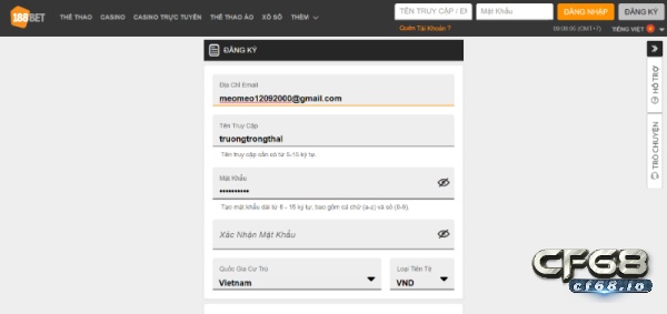 Biểu mẫu đăng ký tài khoản của nhà cái bet 188