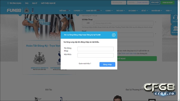 Form đăng nhập tài khoản fun88