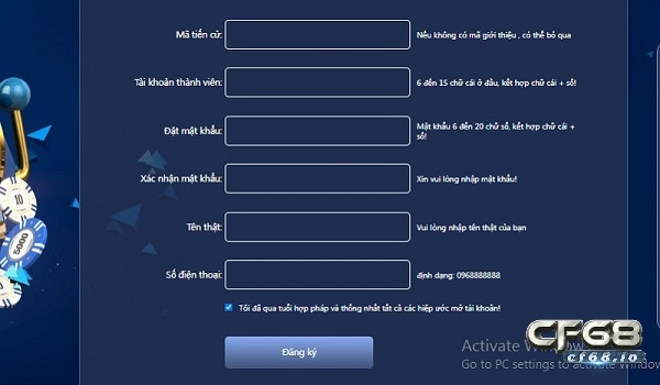 Nhập đầy đủ thông tin để tạo tài khoản cược nhanh chóng