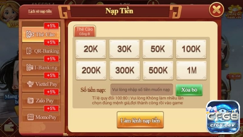 Giao diện nạp tiền chơi game bắn cá tại CF68