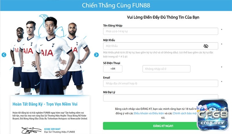 Form đăng ký tài khoản fun88