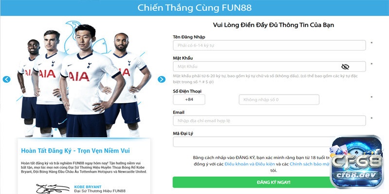 Form đăng ký tài khoản tại Fun88