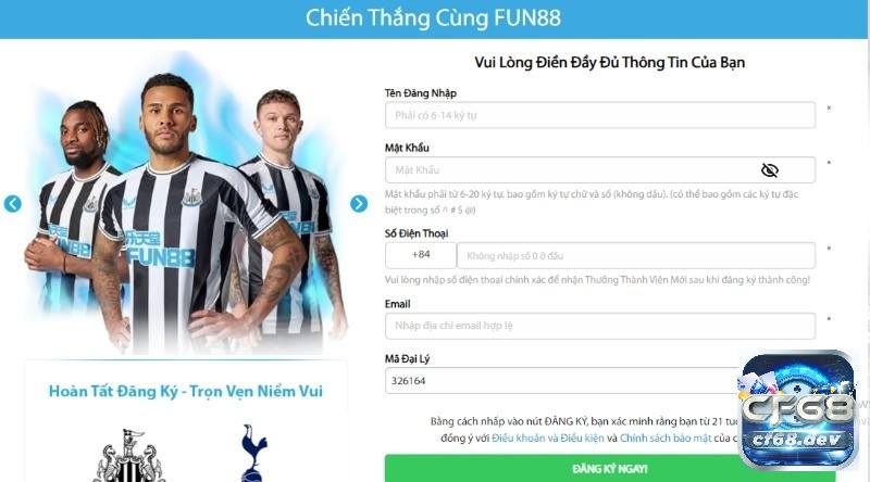 Form đăng ký tài khoản chơi cá cược tại fun88king