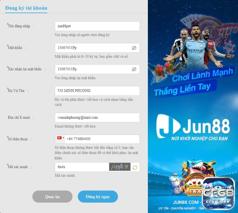 Form đăng ký tài khoản tại jun88