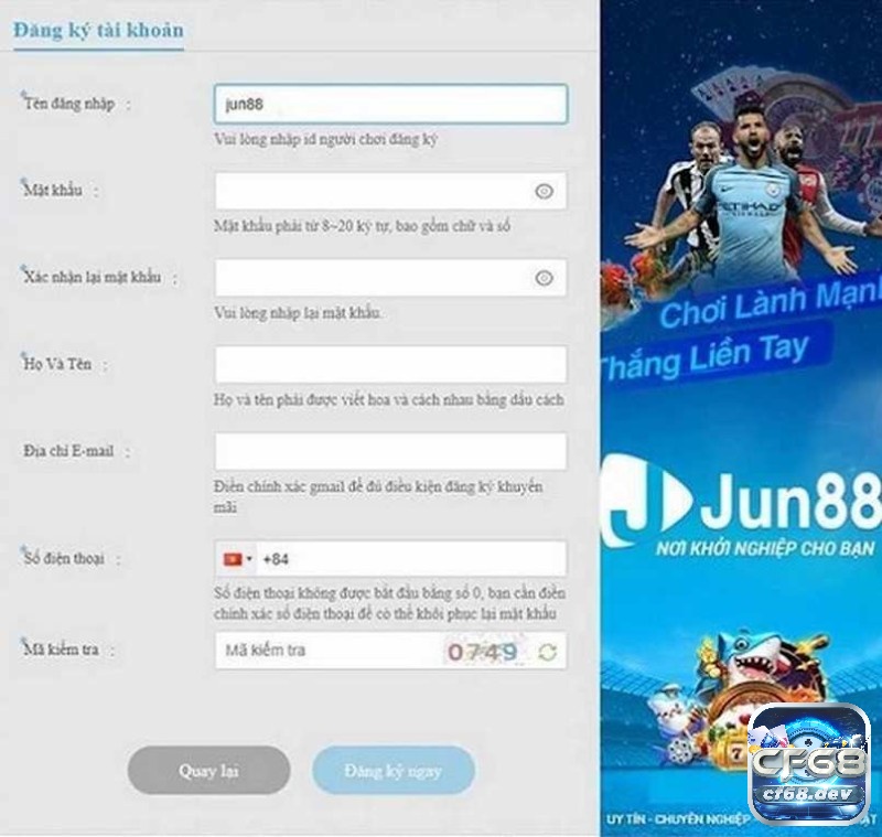 Giao diện đăng ký tài khoản tại Jun88