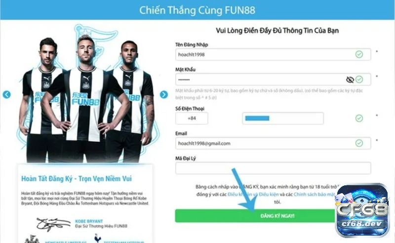 Form đăng ký tại nhà cái Fun88