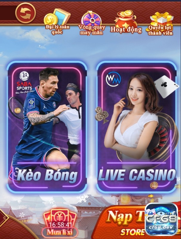 Sảnh thể thao Saba và Live Casino tại cf68 .live