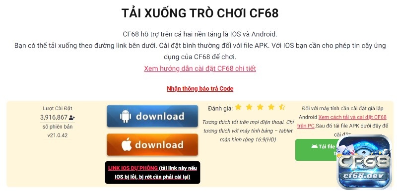 Chọn hệ điều hành để tải cf68 và chơi trực tuyến cf68