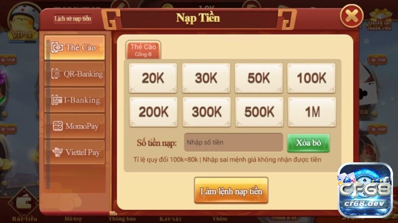 Nạp rút tiền trên CF68 cổng game rất đơn giản